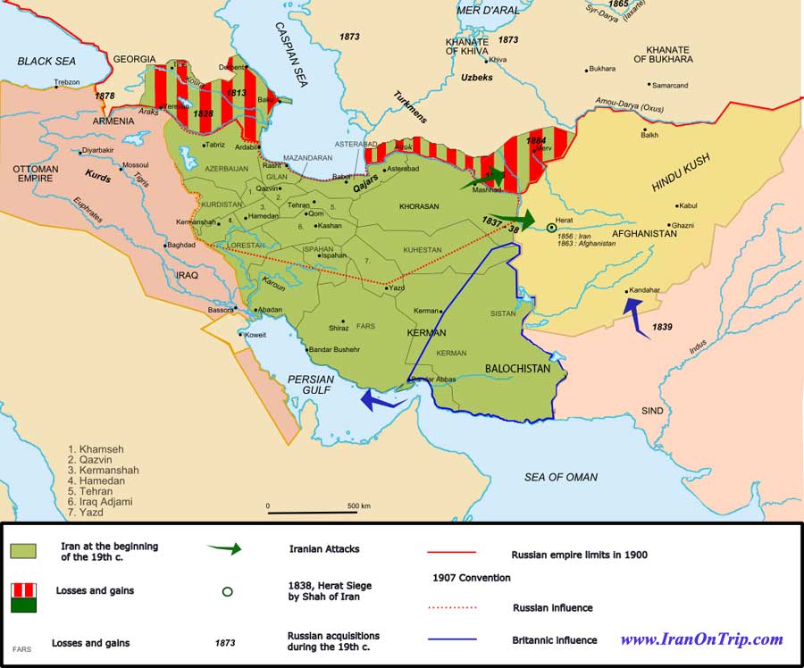 Map of Iran under the Qajar dynasty in the 19th century