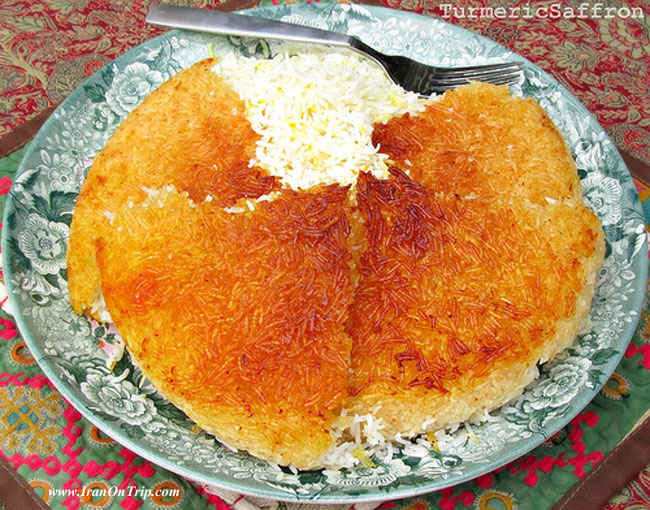 Persian Rice and Golden Potato Crust (Ta-dig) - Iranian Foods - Persian Cuisine - Iranian Cooking - Persian Cooking