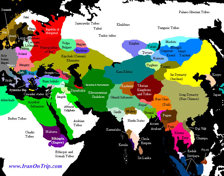 Political map of Asia Europe and Africa around 1200 AD showing the Khwarezmid Empire in dark green.
